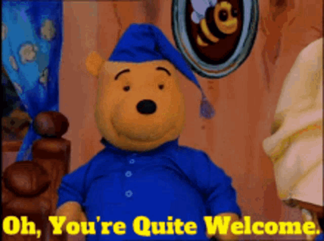 a picture of winnie the pooh with the words oh you 're quite welcome below him