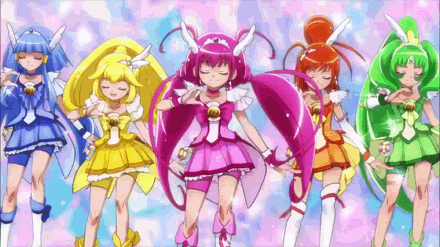 a group of anime girls are dancing together with their eyes closed