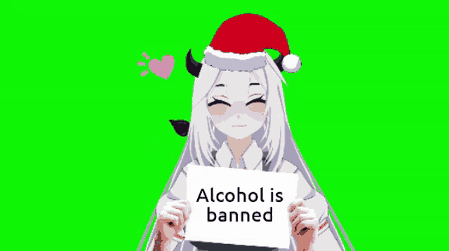 a girl wearing a santa hat holds a sign that says alcohol is banned