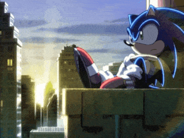 a cartoon of sonic the hedgehog sitting on a building