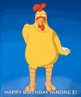 a cartoon chicken is standing on a blue background with the words `` happy birthday ninong e '' written below it .