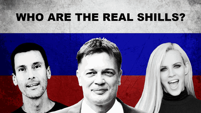 a man a woman and a flag with who are the real shills written on it