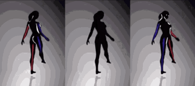 three silhouettes of a woman with different colors on their arms