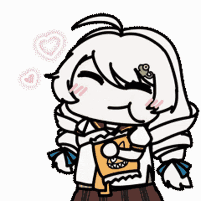 a cartoon drawing of a girl with white hair holding a frog