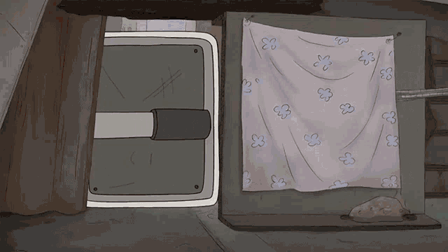a cartoon drawing of a door with a floral cloth hanging on it