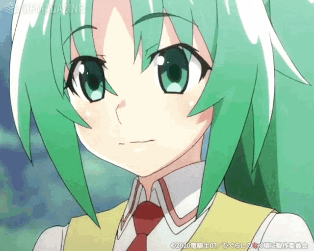 a close up of a green haired anime character with a gif magazine watermark