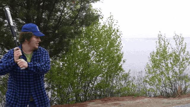 a man in a plaid shirt is holding a baseball bat