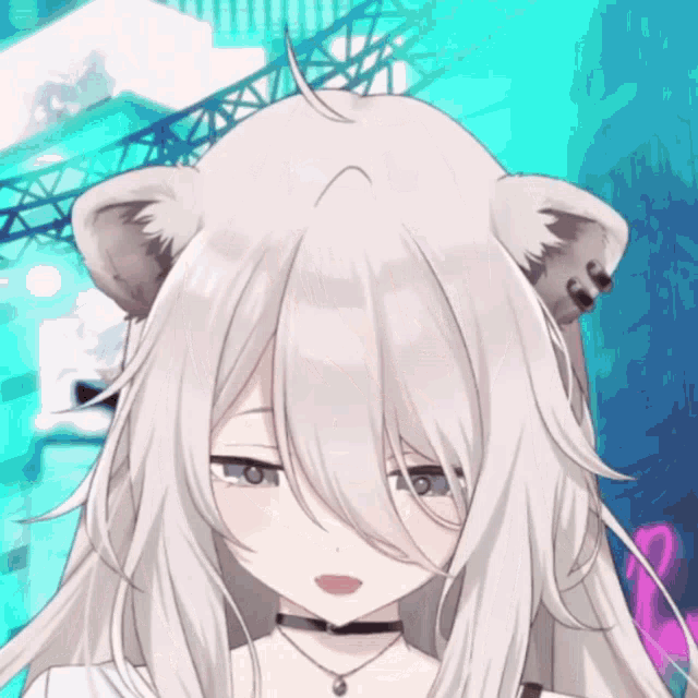 a close up of a cartoon character with white hair and cat ears