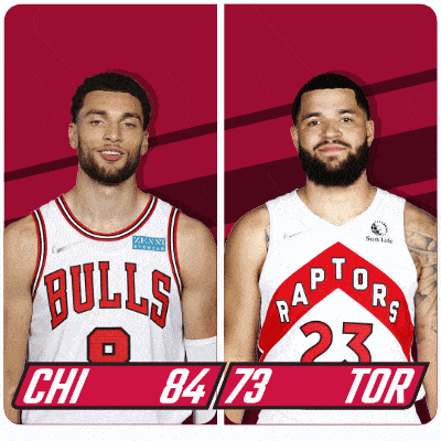 two basketball players from the bulls and raptors are standing next to each other
