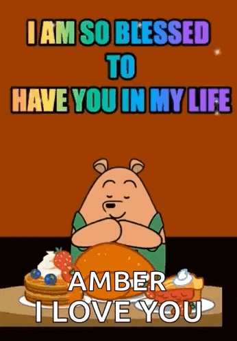 a cartoon bear is sitting at a table with a turkey and pancakes .