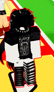 a cartoon character wearing a black and white outfit with a skeleton on the back