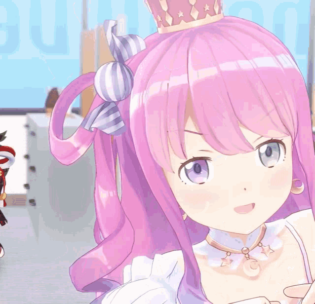 a close up of a pink haired anime character with a crown on her head