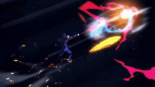 a person in a blue suit is holding a sword in a video game