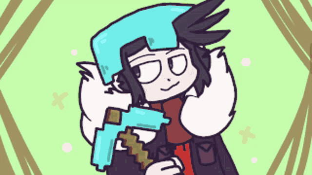 a cartoon character is holding a diamond axe and a gun