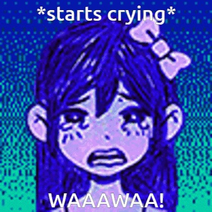 a girl with blue hair and a bow in her hair is crying with the words `` starts crying waaawaa '' .