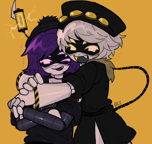 a drawing of a girl with purple hair hugging another girl with a purple mask