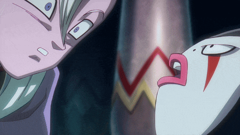 a close up of a cartoon character 's face with a red stripe on it