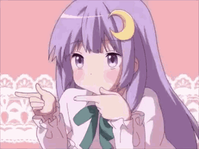 a cute anime girl with purple hair and a crescent moon on her head is pointing at something .