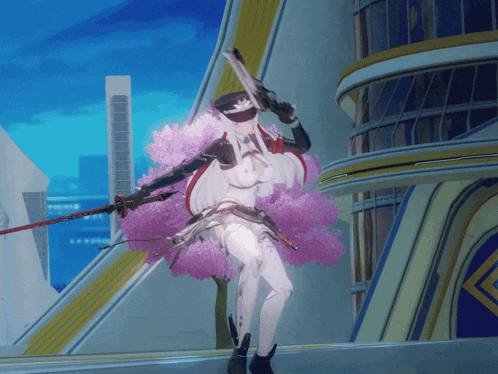 a video game character is holding a sword in front of a tree