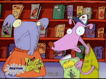 two cartoon characters are standing in front of a bookshelf and one has a shirt that says the nuclear swan on it