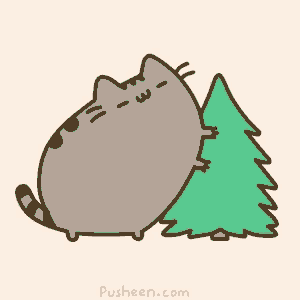 a cartoon cat is standing next to a green christmas tree