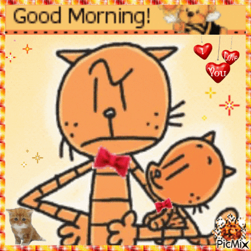 a good morning greeting card with a cartoon cat and kitten