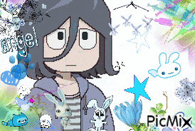 a pixel art of a girl with rabbits and the word angel on the bottom