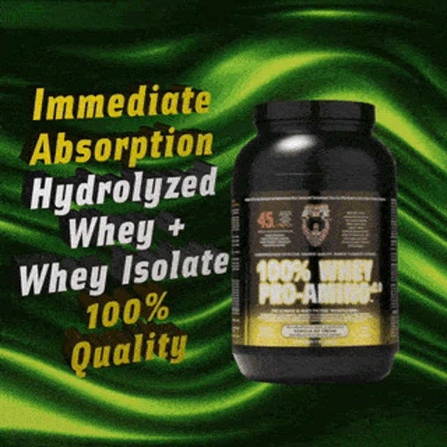 a bottle of immediate absorption hydrolyzed whey protein isolate 100 % quality