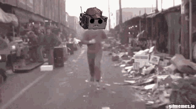 a gif of a man running down a street with a gifmemes.io logo on the bottom