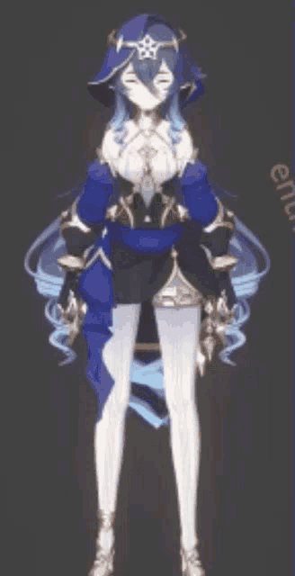 a drawing of a girl with blue hair and white stockings
