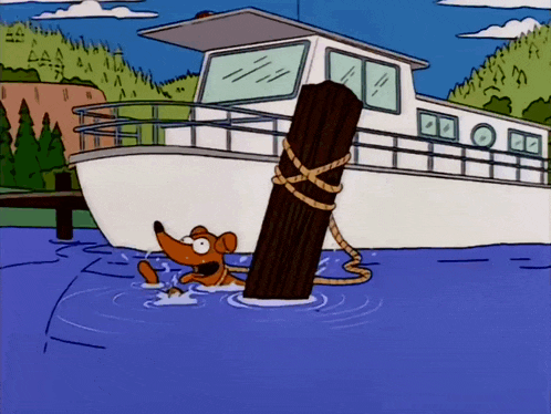 a cartoon dog is tied to a wooden post in the water