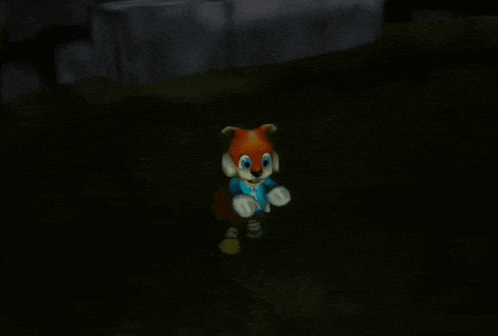 a cartoon character in a blue shirt is standing in a dark field