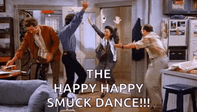 a group of people are dancing in a living room with the words `` the happy happy smuck dance ! ''