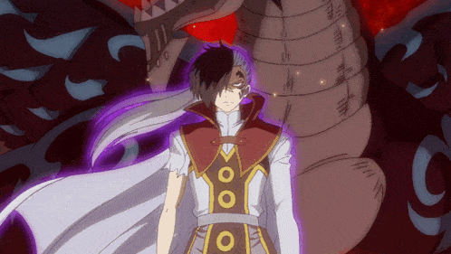 a man in a white and red outfit with circles on it stands in front of a large dragon