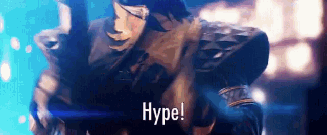 a man in a costume is standing in front of a blue background with the words hype written on it .