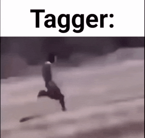 a black and white photo of a person running with the words tagger below