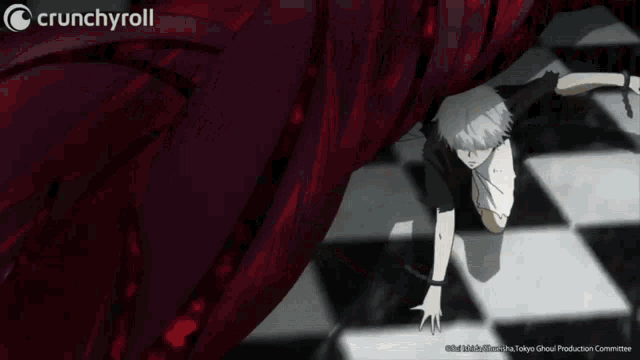 a crunchyroll ad shows a man crawling on a checkerboard floor