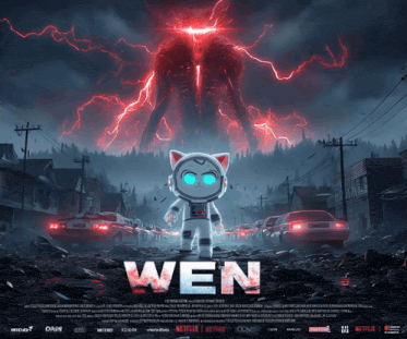 a poster for a movie called wen shows a cat in a space suit