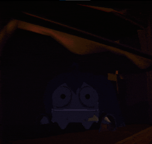 a dark room with a cartoon character looking out