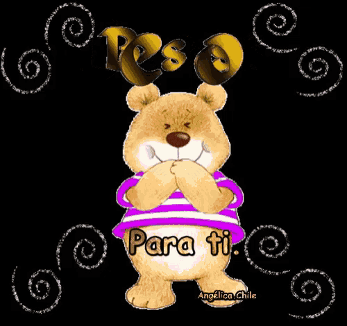 a teddy bear wearing a purple and white striped shirt says " para ti "