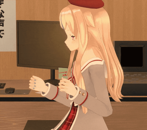 a girl in a red beret stands in front of a computer monitor