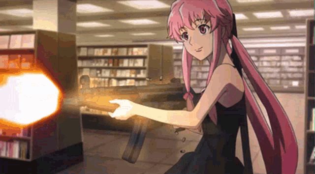 a girl in a black dress is holding a gun