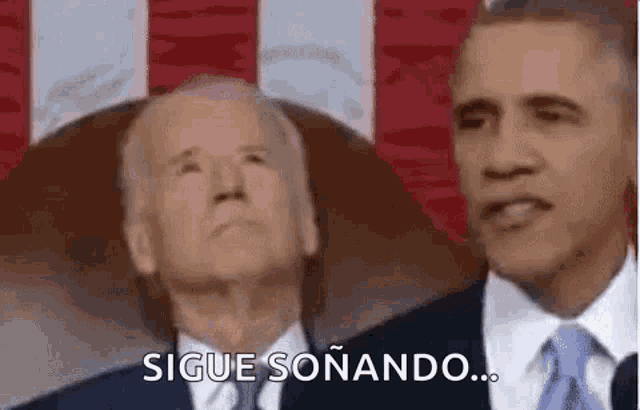 obama and biden are standing next to each other in front of a flag .