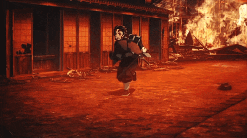 a cartoon character is running in front of a fire