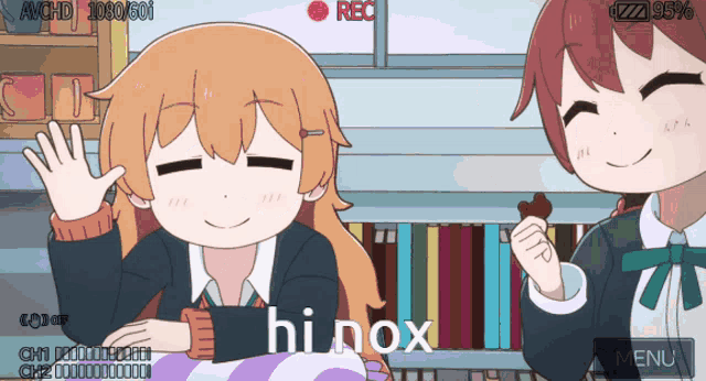 two anime girls are sitting next to each other with the word hi nox in the foreground
