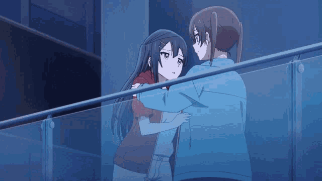 two anime girls hugging each other on a balcony at night