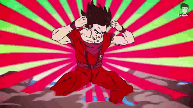 a cartoon of a man in a red costume is kneeling down on a rock .