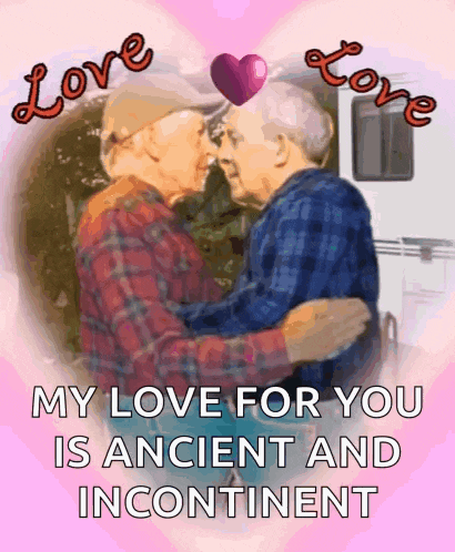 a couple of older men hugging and kissing with the words " my love for you is ancient and incontinent " below them
