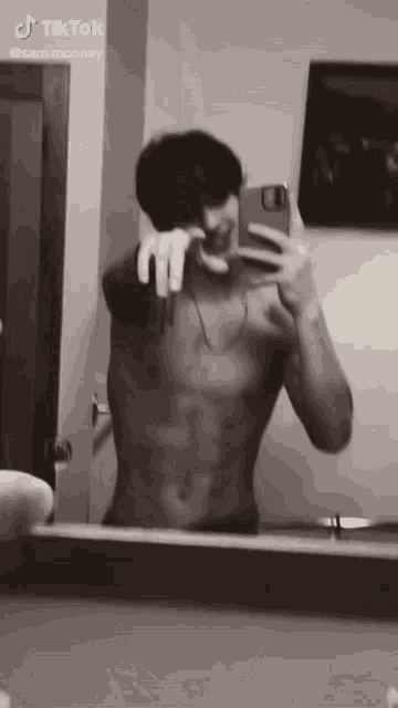 a shirtless man is taking a picture of himself in a mirror .