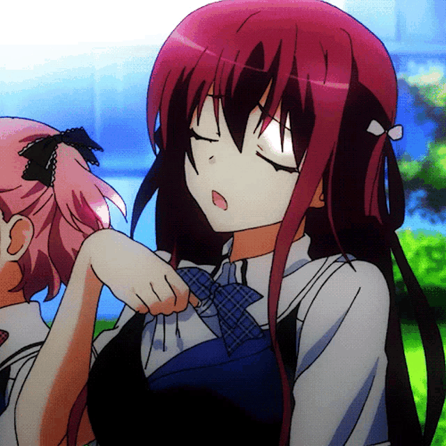a girl with red hair and a blue plaid tie is standing next to another girl with pink hair